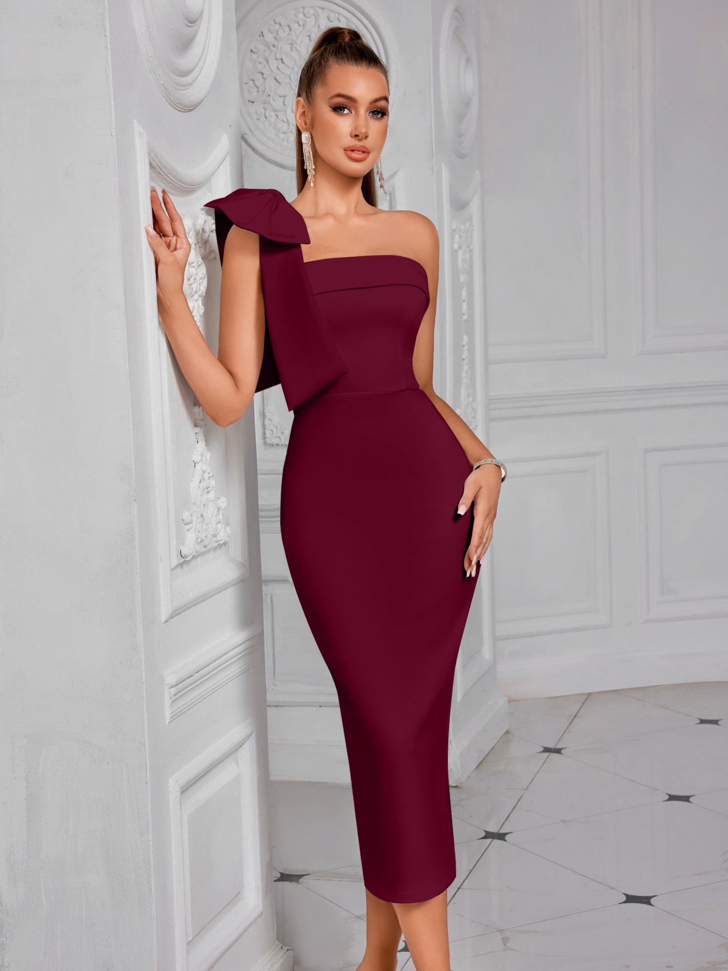 Nuevo vestido de moda con lazo de un solo hombro transfronterizo, elegante top de tubo, cena de fiesta, vestido de noche de alta gama