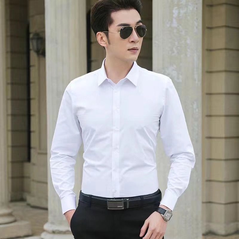 Student Youth Korean style slim-fit solid color long-sleeved shirt men's non-ironing business formal wear solid color overalls shirt wholesale