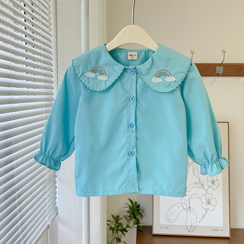Camisa para niñas 2022 Primavera y otoño Nuevo estilo coreano solapa cuello redondo color sólido bordado color sólido estilo occidental manga larga camisa para niños