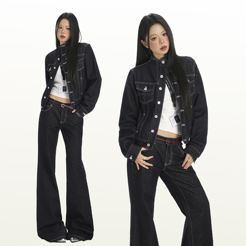 25Th Ootd! ｜American Deconstructed Right Shoulder Waist Jacket Original Denim Jeans Suit Two-Piece Set