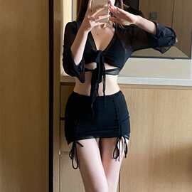 厂家直销新款游泳衣分体三件套薄纱泳衣女遮肚显瘦沙滩度假温泉