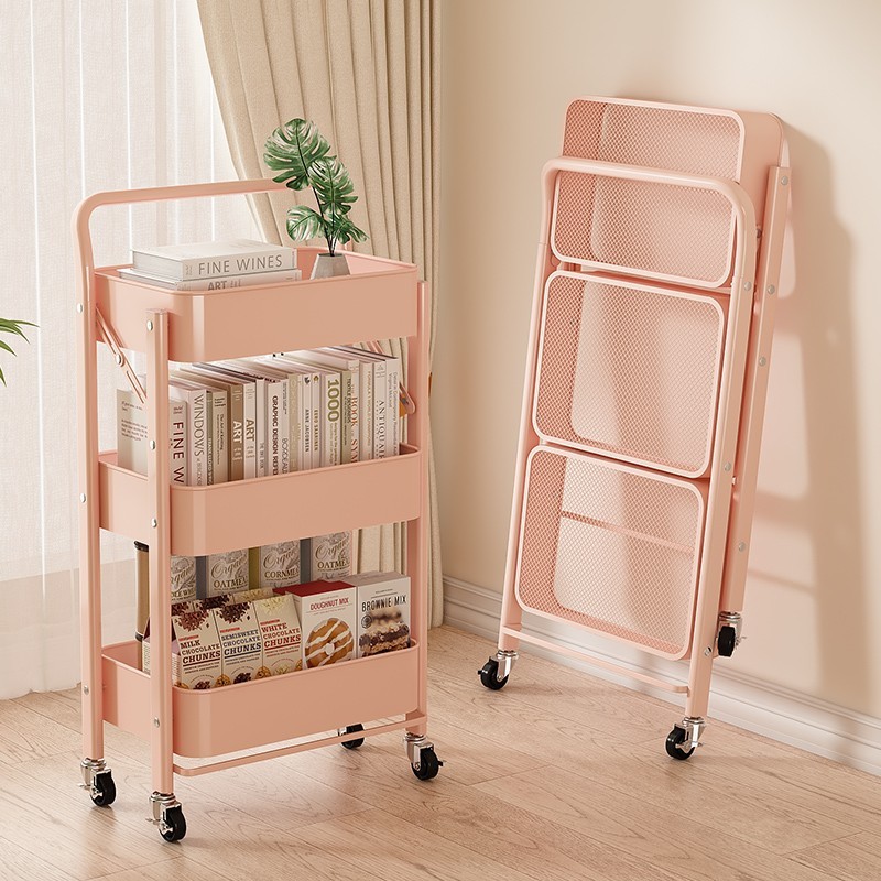 Carbon Steel Solid Color Folding Trolley Installation-Free Kitchen Storage Rack Floor-Standing Bathroom Mobile Storage Rack