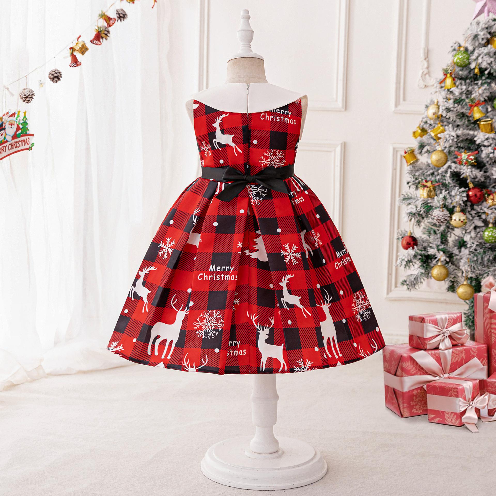 Navidad transfronteriza nuevo vestido de niña vestido de impresión a cuadros vestido de princesa de cascada vestido de princesa de cuello inclinado vestido de princesa