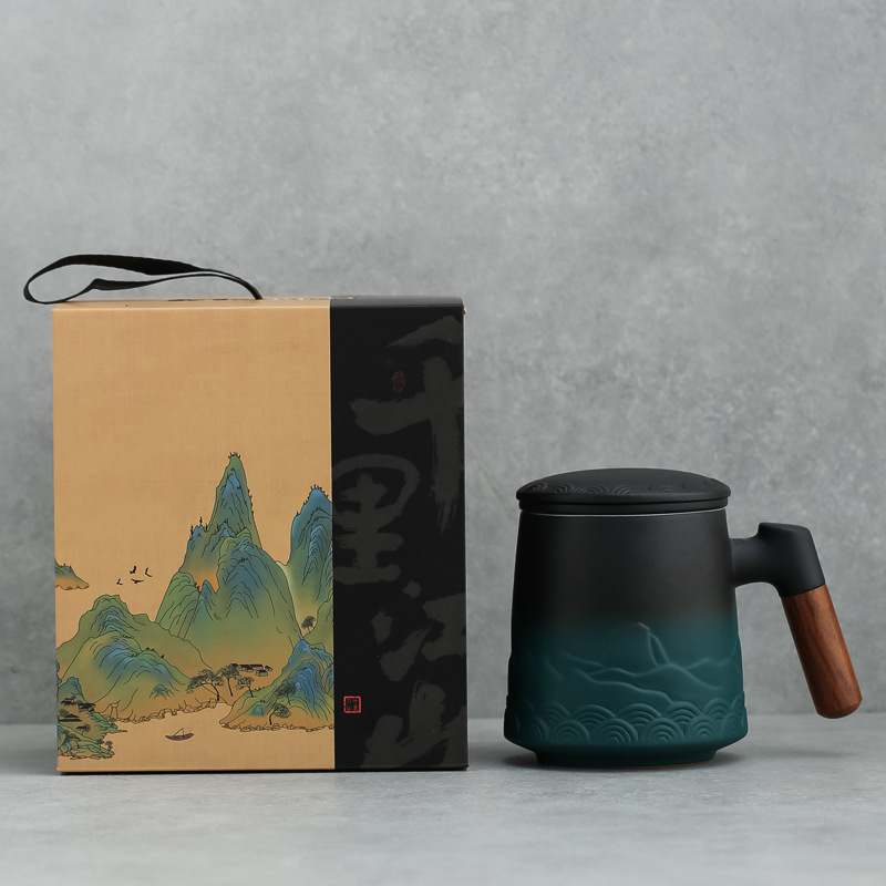 Taza de negocios de 1000 millas de montañas y mares, taza de marca, regalo de mano, taza de cerámica, logotipo tallado de tres piezas