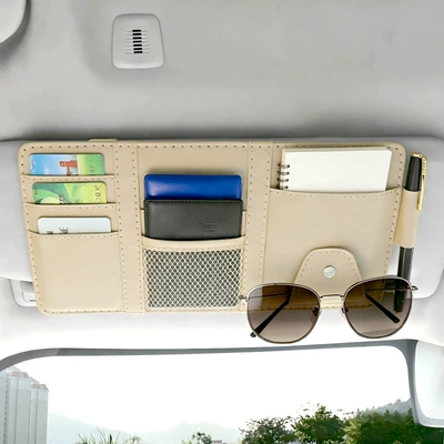 Visor Storage Clip, Multi-Functional Leather: Car Glasses Clip/Bill Clip - beige-ordinary-style