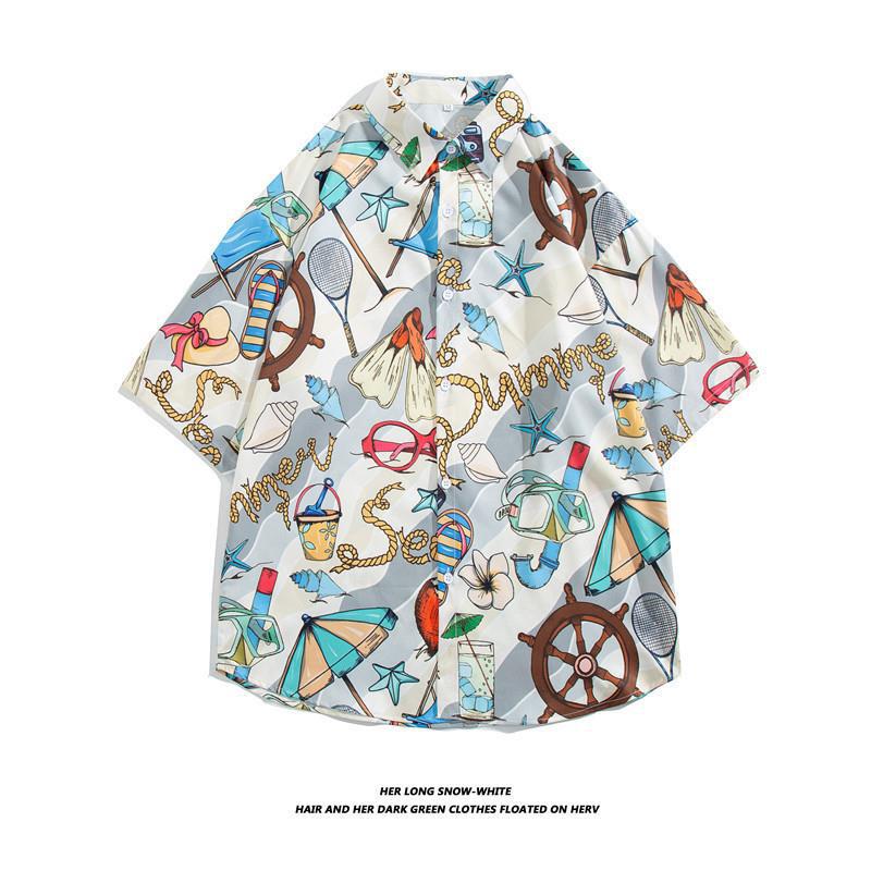 Hong Kong estilo Retro Vintage floral camisa de manga corta Estilo Hawaiano tailandés diseño sentido Ruan guapo camisa suelta para hombres y mujeres