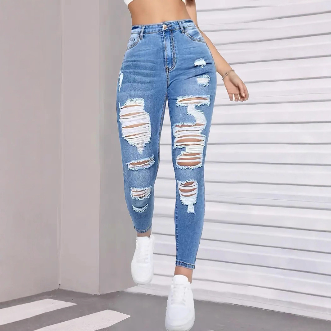 2025 European And American Foreign Trade New Fashion High Waist Hole Elastic Tight Versatile Pants Denim Trousers Women_voghion.com