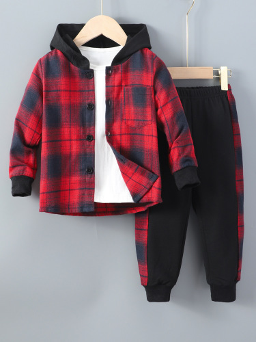Cross-border Bestseller: Boys' Autumn/Winter New Long-Sleeved Plaid Color-Block Hooded Two-Piece Set (Top + Pants)