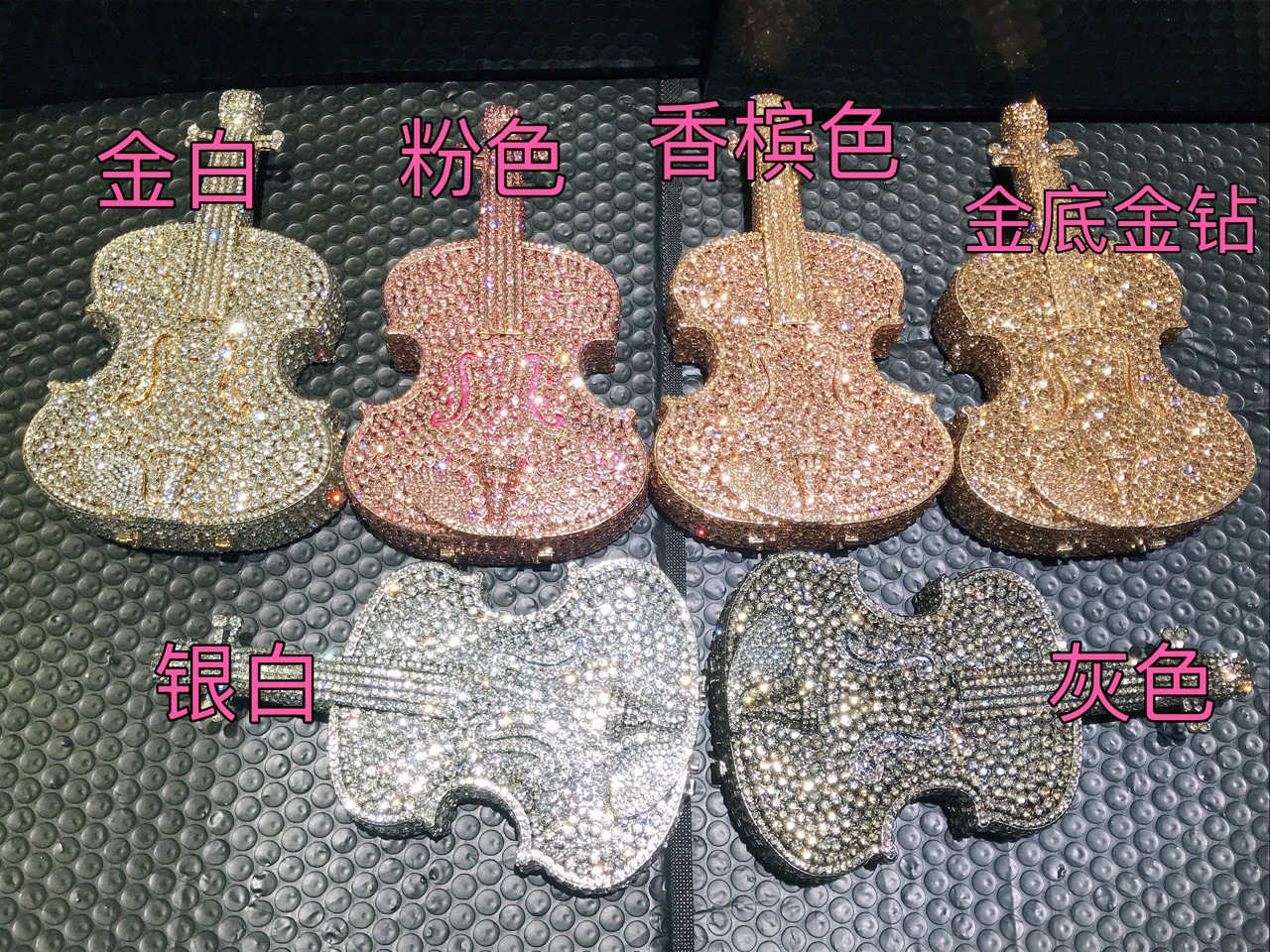 Túi clutch nữ đính đá rhinestone hình vĩ cầm dự tiệc — Vàng cà phê chi tiết 1