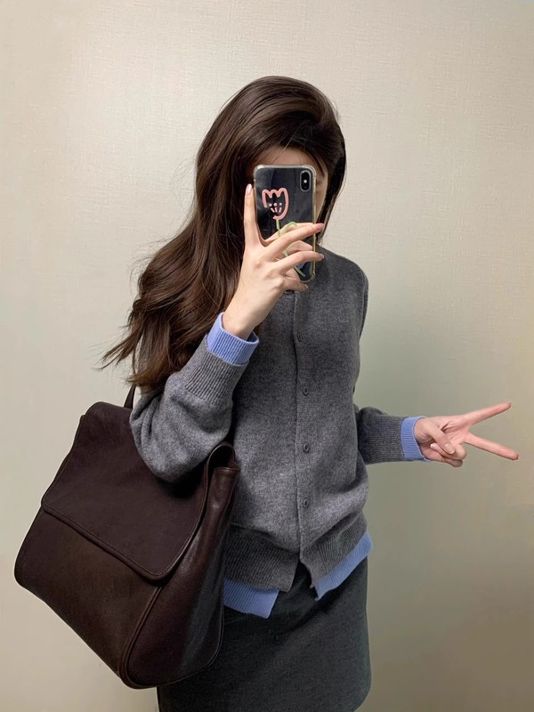 韩版hiphop灰色软糯针织衫女春秋高级感气质休闲百搭纽扣开衫外套|undefined