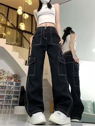 Jeans, women's straight leg loose spring and autumn new style, high waist, slimming, small man, wide leg overalls