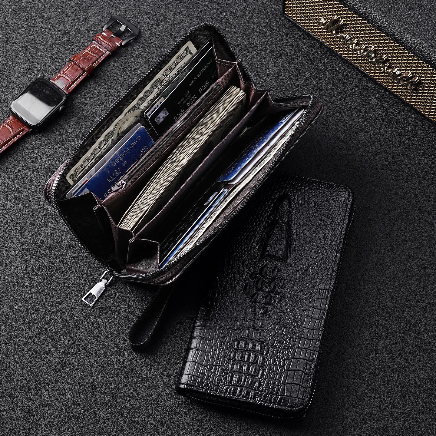 Nuevo cocodrilo patrón de hombre bolso de mano larga gran capacidad multi-tarjeta de moda bolso con cremallera