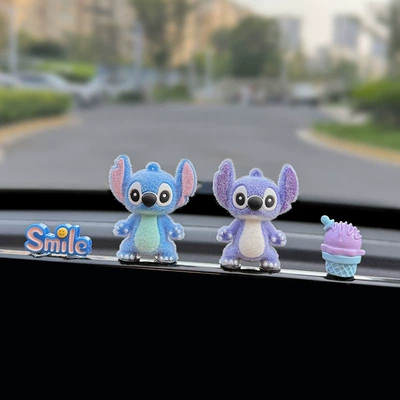 Cute Car Interior Screen Decoration, Car-Mounted Stitch Display Ornament, Doll Toy, New Model 2025 (Car ornaments) - blue-purple-flocked-stitch-set-of-4