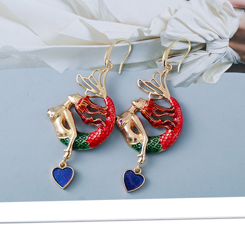 Drip Fish Retro Personality Creative Mermaid Blue Heart Earrings display picture 3