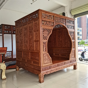 Ash Wood Step Bed, Qiangong Bed, Ming and Qing Chinese Classical Solid Wood Double Bed, Carved Frame Bed, Moon Hole Bed