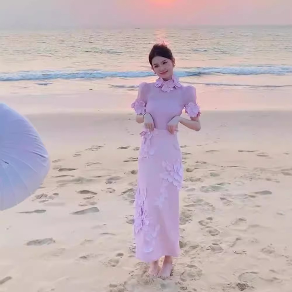 New Summer Seaside Vacation Pink Sweet Dress Suit Puff Sleeves Fashionable Small Dress Skirt Can Be Worn On Weekdays_ecoleips.com