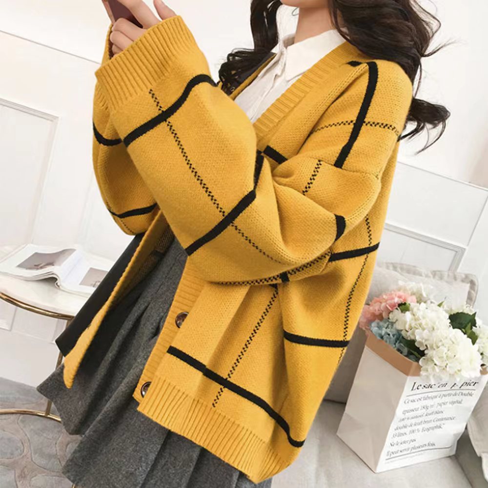 港味慵懒风毛衣外套女大码秋冬款韩版复古格子宽松针织开衫跨境