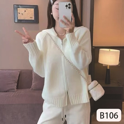 Double zipper simple solid color long-sleeved knitted cardigan women's winter new style design hooded all-match loose short coat