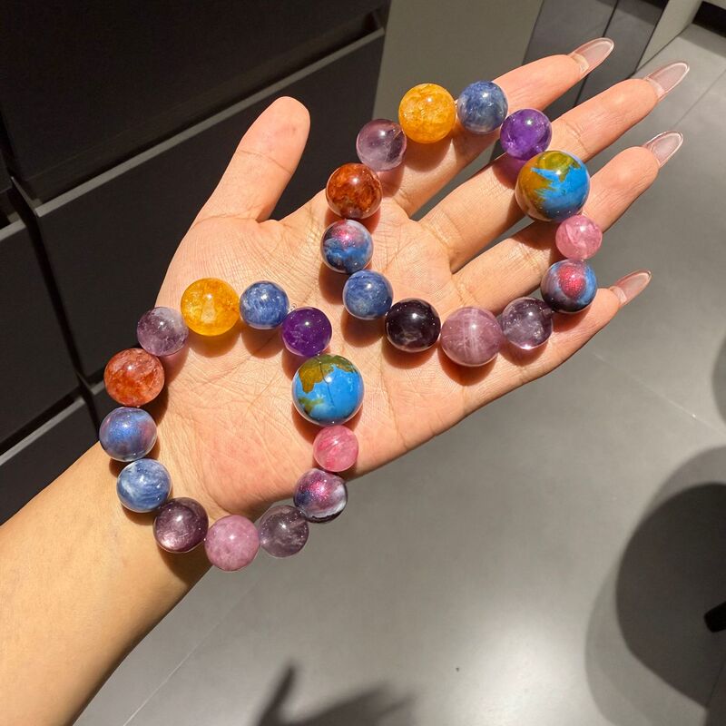 天然星空多宝水晶手链地球玛瑙紫水晶月光石紫锂云母多宝手链|undefined