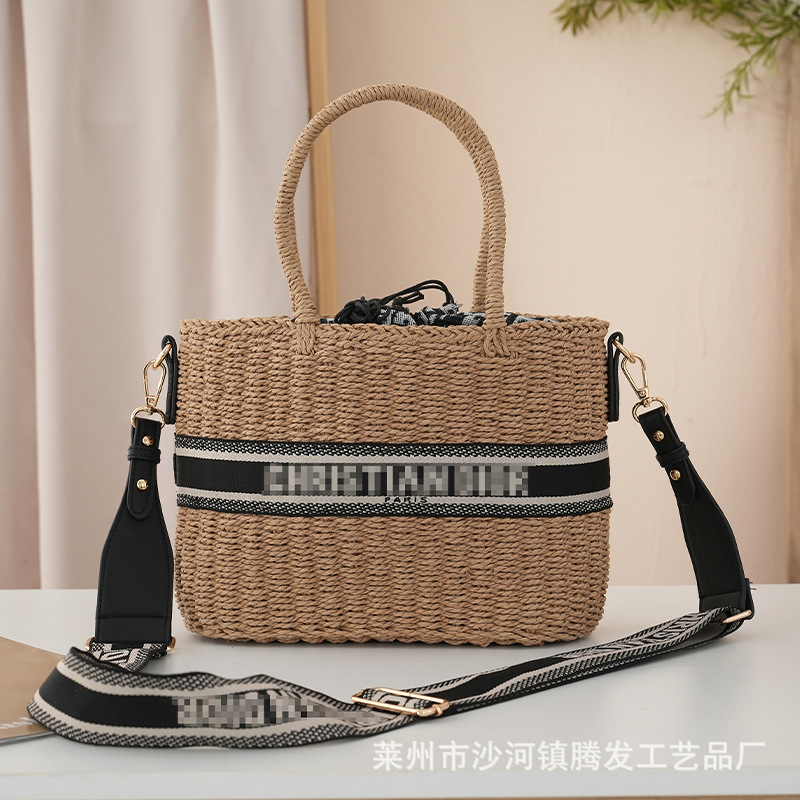 2025 New All-match Large Capacity Straw Woven Bag Shoulder Bag Women's Ribbon Woven Casual Bag Vacation Bucket Bag