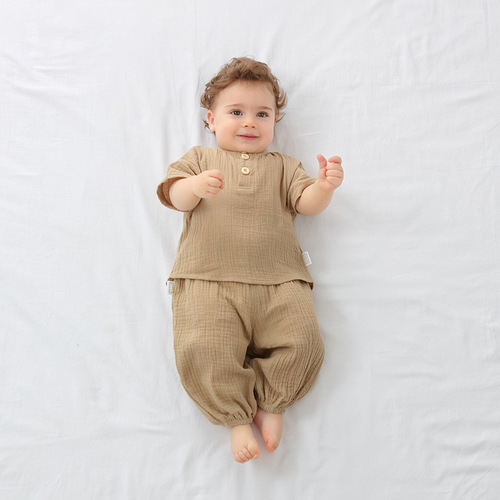 Baby suit summer short-sleeved pure cotton gauze split two-piece pajamas thin baby air-conditioning suit cuffed pants