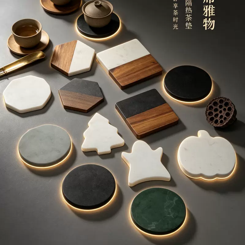Cross-Border Popular Natural Marble and Solid Wood Dual-Layer Coasters, Heat Insulation Pads, Coffee Cup and Tea Cup Coasters, Bar and Restaurant Cup Holders