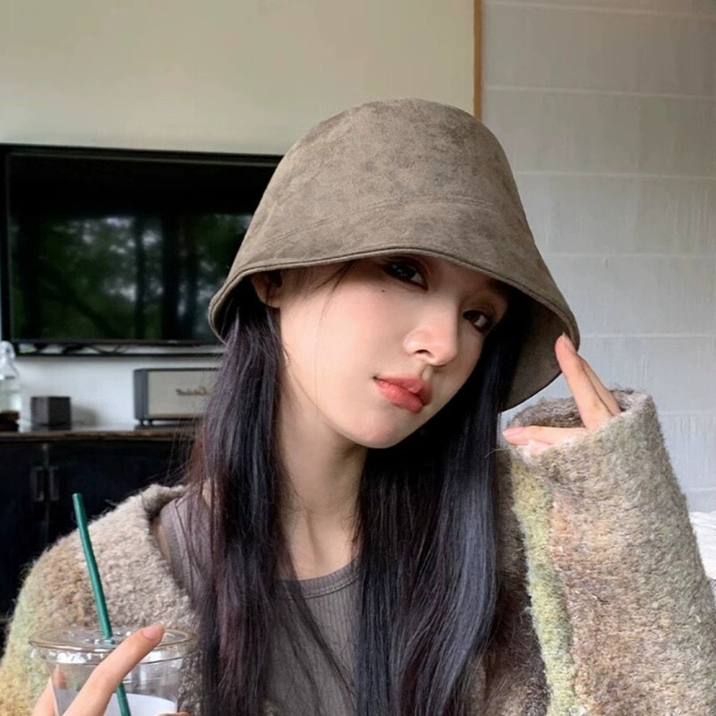 麂皮绒渔夫帽2025新款女秋冬季百搭大头围素颜气质遮脸水桶盆帽子|undefined
