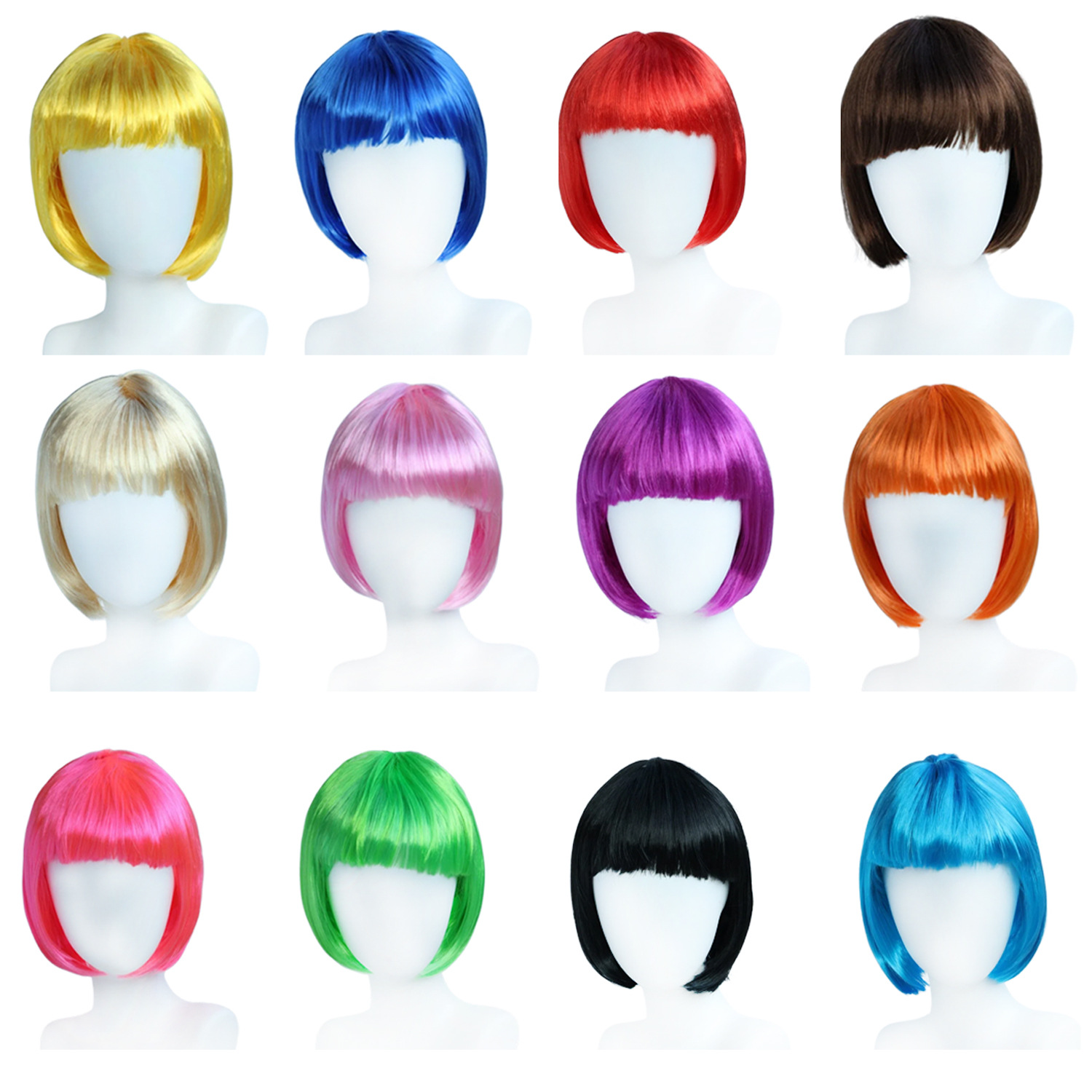 Wholesale in-stock wigs for women with bangs, short straight hair, BoBo style, full head cover, Halloween colored student wigs, BoBo style