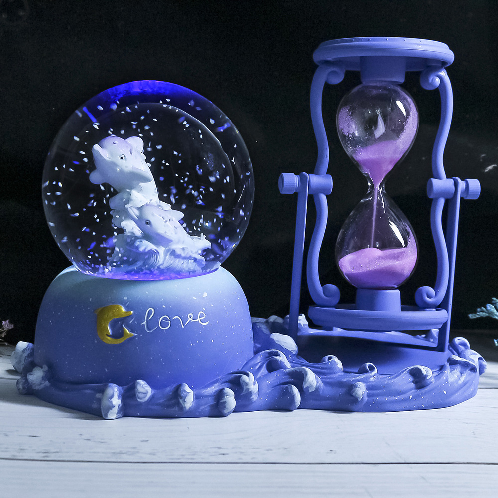 Reloj de Arena Delfín Creativo con Bola de Cristal, Caja Musical Luminosa, Decoración para Escritorio y Regalo