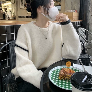 秋冬韩版毛衣女文艺复古宽松简约圆领上衣设计撞色百搭套头针织衫