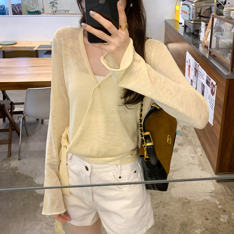 轻熟交叉V领绑带蓝色长袖针织衫女装2025早秋新款慵懒风穿搭上衣|undefined
