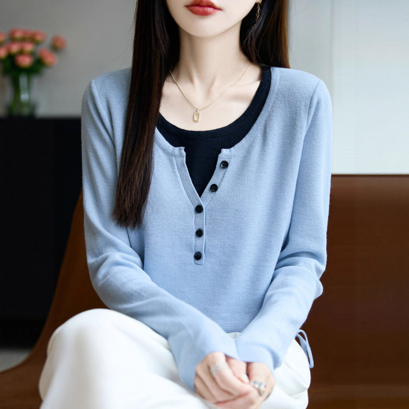 2025秋季新款假两件女士针织衫毛衣气质修身显瘦长袖上衣女A7124|undefined