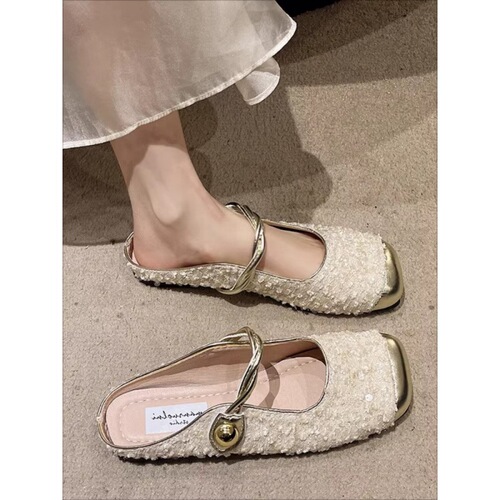 Flat Heel Closed Toe Mary Jane Sandals Women's Sequin Lazy Casual Sandals Matching Skirt Half Slippers
