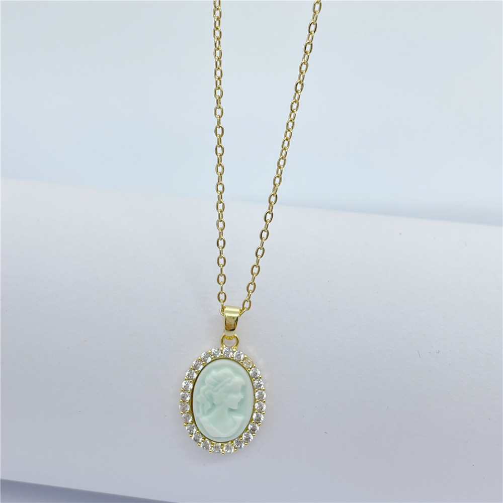 Retro Portrait Oval Copper Enamel Zircon Pendant Necklace 1 Piece