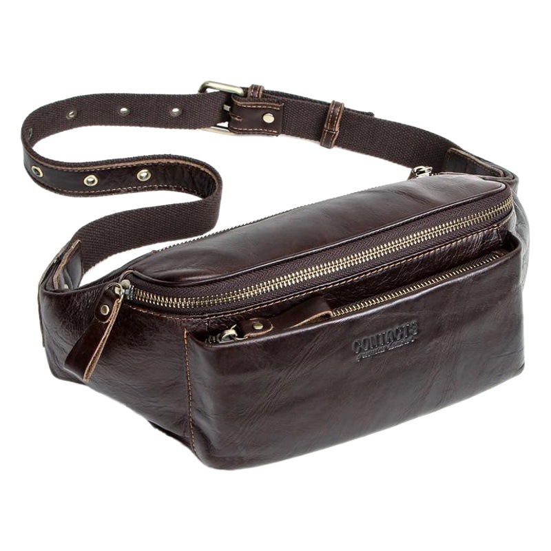 Black Angel First-Layer Cowhide Men's Waist Bag, Multifunctional Men's Sports Phone Bag, Versatile Crossbody Waterproof Waist Bag