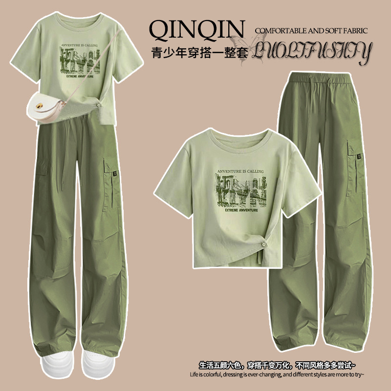 Dopamine Outfit College Style Short-Sleeve 2025 New Summer Set Cool and Trendy Streetwear Cargo Pants Set