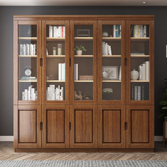 Solid wood bookcase with glass door three doors simple Chinese bookshelf storage student oak bookcase office file cabinet
