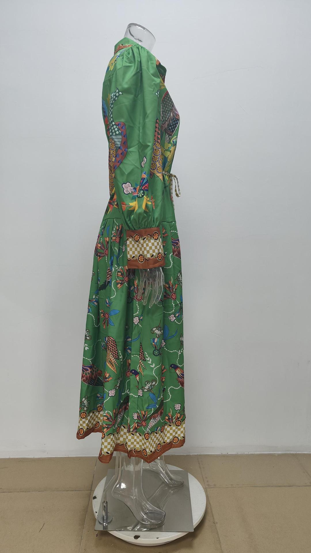 Women Clothing Vintage Printed Lantern Sleeve Waist Controlled Large Hem Dress