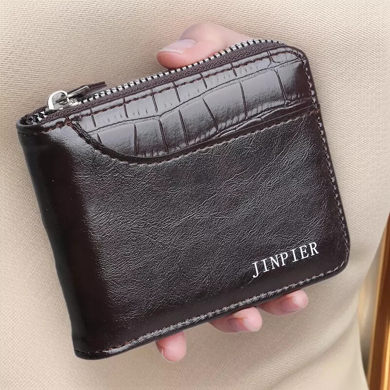New men's short stone-pattern wallet, horizontal zippered small purse, multi-card slot card holder with leather accents New men's short stone-pattern wallet, horizontal zippered small purse, multi-card slot card holder with leather accents