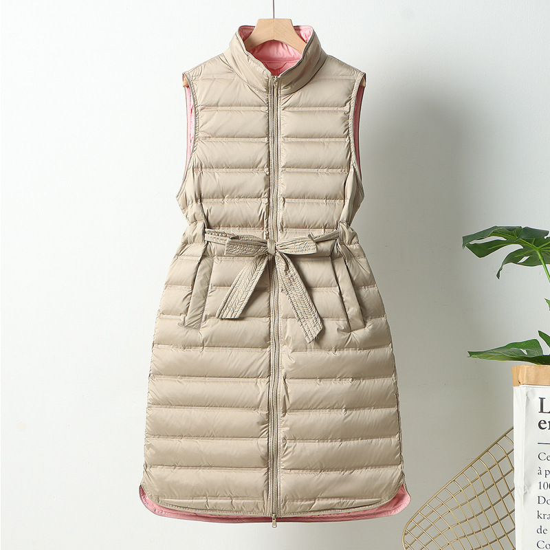 New Down Vest Women's Mid-length Light and Thin Vertical Collar plus size Waist Slimming Warm White Duck Down Contrast Color Vest Trendy