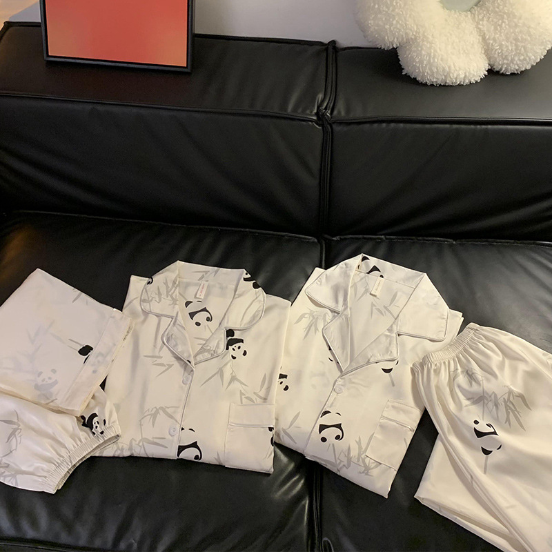 2025 nuevo leopardo de seda de hielo pareja pijama de primavera y otoño mujeres de manga larga de alta sensación de ropa de casa de seda para hombres verano