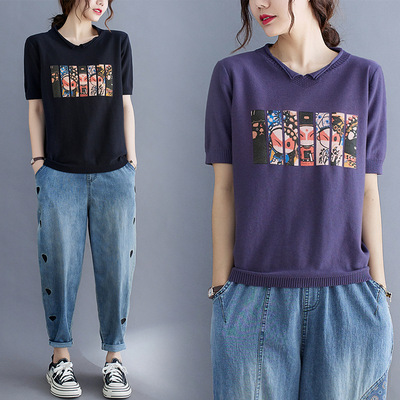 韩版脸谱印花短袖T恤女夏季胖mm宽松显瘦大码棉线针织打底衫