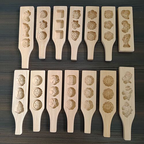 Three-hole mold wooden mooncake mold mung bean cake pumpkin cake bread mold cartoon steamed bun craft mold