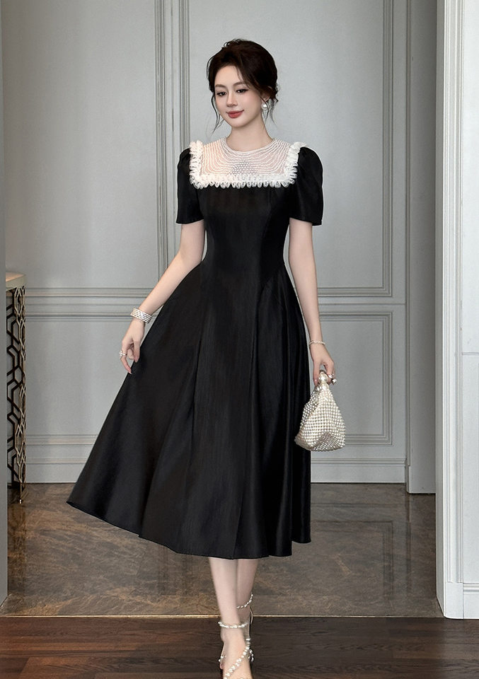 Váy maxi nữ thắt eo kiểu Hepburn thanh lịch, dáng xòe eo thon — Màu đen chi tiết 9