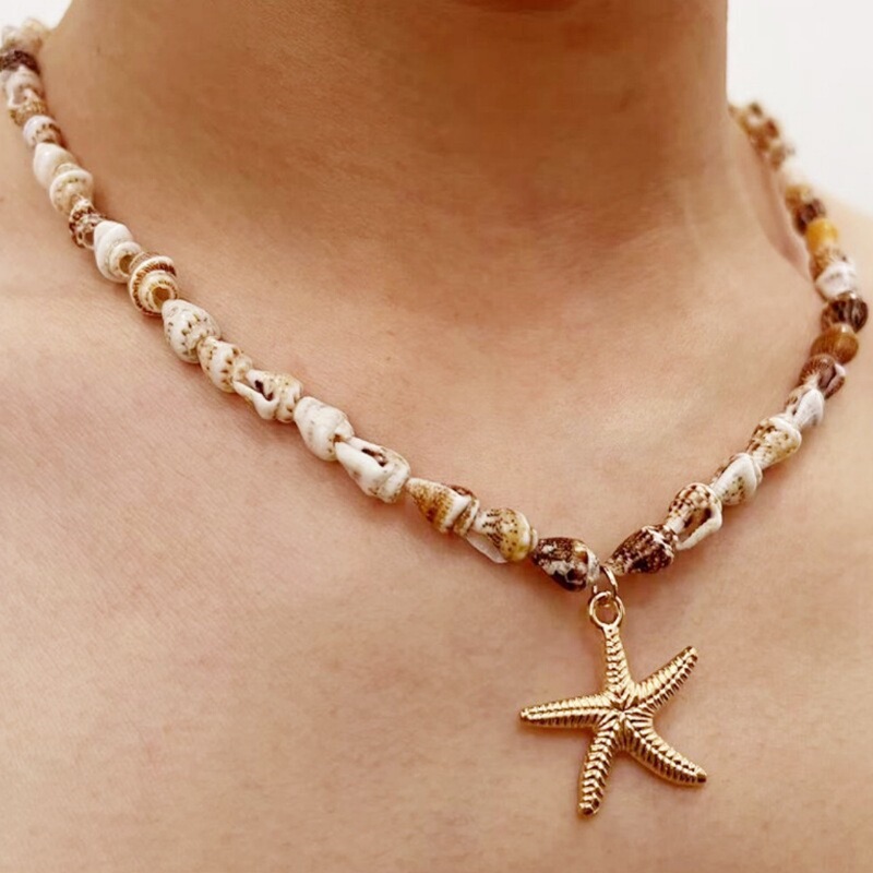天然贝壳小海螺项链 海洋系海星吊坠编织项链 欧美跨境饰品|undefined
