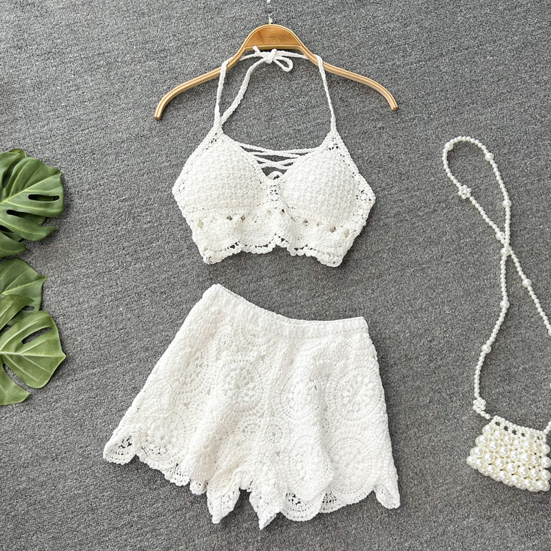 Seaside Vacation Suit Women's Sexy Vacation Hollow Knitted Halter Backless Vest Two-piece High Waist Wide Leg Shorts Seaside Vacation Suit Women's Sexy Vacation Hollow Knitted Halter Backless Vest Two-piece High Waist Wide Leg Shorts