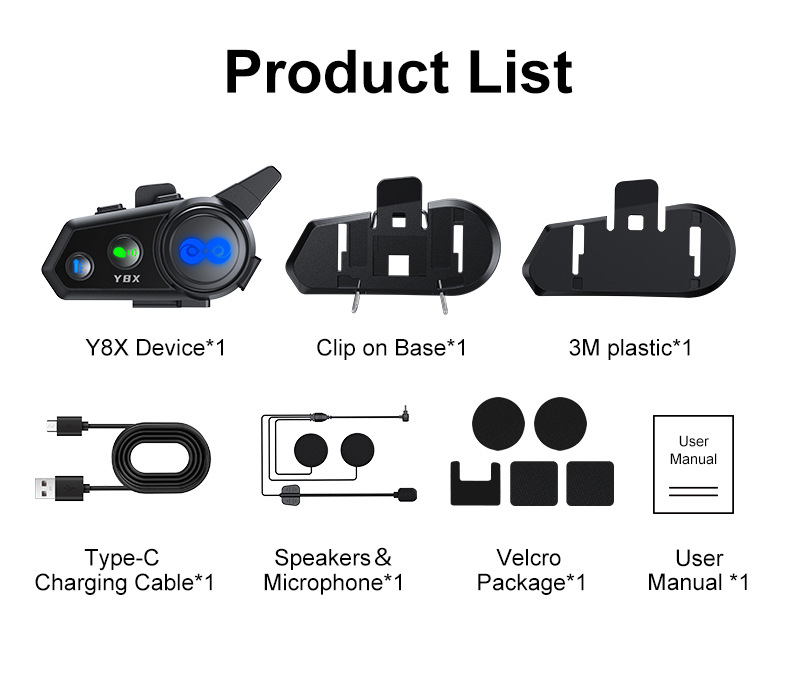 Cross-border Y8X helmet Bluetooth headset, 8-person MESH network helmet intercom headset, helmet Bluetooth headset