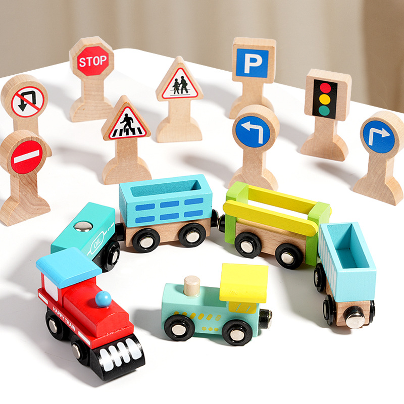 Coche de simulación de madera, tren de empuje de mano inercial, polea de juguete de madera para niños, letrero de la calle, pista de tren pequeño image 5