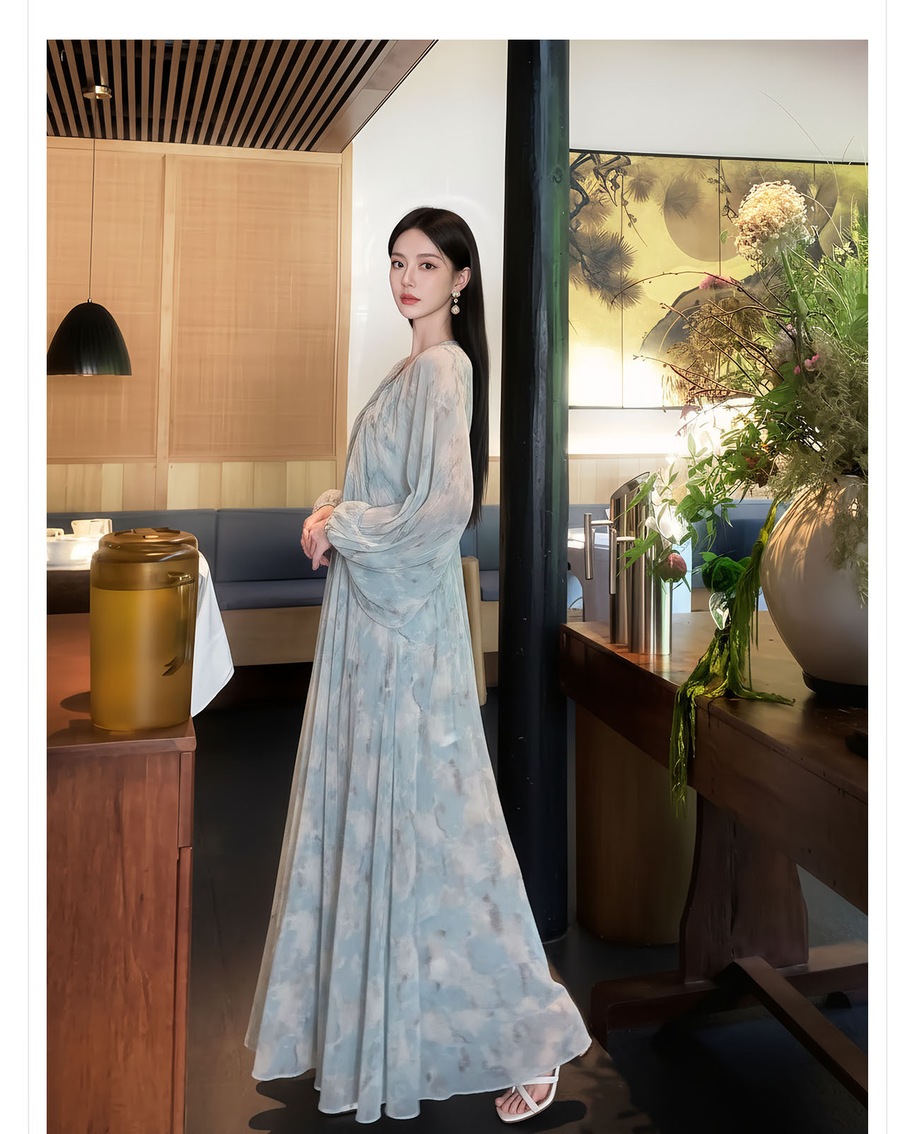 Đầm maxi nữ thắt eo phong cách Tân Trung Hoa in họa tiết thêu ren — xanh lam chi tiết 7