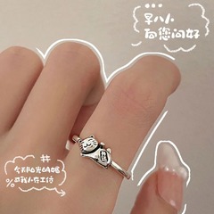 Retro lucky cat ring for women, adorable small flower cat, unique design, adjustable opening, brings good fortune cat ring for index finger